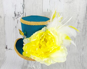 Teal, Yellow, and Gold Flower and Feather Large Mini Top Hat Fascinator, Alice in Wonderland, Mad Hatter Tea Party, Derby Hat