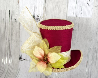 Burgundy and Gold Poinsettia Large Mini Top Hat Fascinator, Alice in Wonderland, Mad Hatter Tea Party HatDerby Hat, Christmas, Holiday