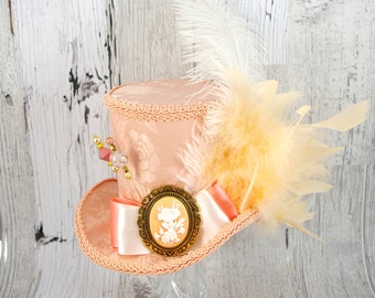 Peach and Cream Flower Cameo Empress Collection Large Mini Top Hat Fascinator, Alice in Wonderland, Mad Hatter Tea Party, Derby Hat