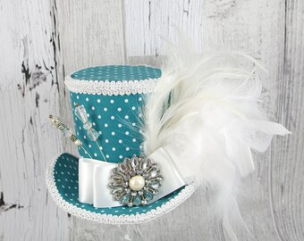 Teal and White Polka Dot Empress Collection Large Mini Top Hat Fascinator, Alice in Wonderland, Mad Hatter Tea Party, , Derby Hat