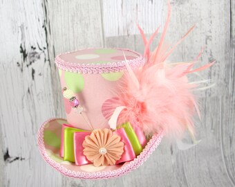 Pink, Green, and White Polka Dot Empress Collection Large Mini Top Hat Fascinator, Alice in Wonderland, Mad Hatter Tea Party, , Derby