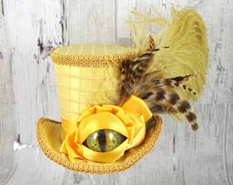 Dragon Eye Gold on Gold Large Mini Top Hat Fascinator, Alice in Wonderland, Mad Hatter Tea Party, Derby Hat, Dinosaur Hat, Eye Hat