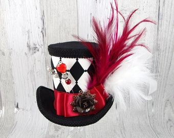 Queen of Hearts – Black, White, and Red Harlequin Empress Collection Large Mini Top Hat, Alice in Wonderland, Mad Hatter Tea Party, Derby