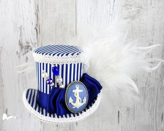 Navy Blue and White Striped Nautical Anchor Medium Mini Top Hat Fascinator, Alice in Wonderland, Mad Hatter Tea Party, Derby Hat