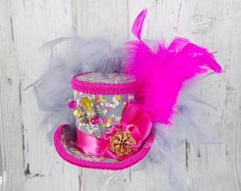 Pink, Yellow, and Gray Rosette Medallion Medium Mini Top Hat Fascinator, Alice in Wonderland, Mad Hatter Tea Party, Derby Hat