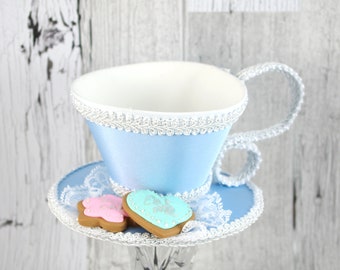Light Blue and White with Mint and Pink Cookies Tea Cup Fascinator Hat, Alice in Wonderland Mad Hatter Tea Party, Derby Hat