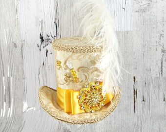 Ivory, Cream,and Gold Brocade with Medallion and Plume Large Mini Top Hat Fascinator, Alice in Wonderland, Mad Hatter Tea Party, Derby Hat
