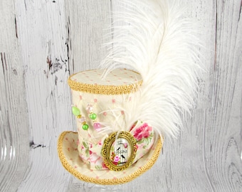 Cream, Gold, and Pink Birdcage Medallion and Plume Large Mini Top Hat Fascinator, Alice in Wonderland, Mad Hatter Tea Party, Derby Hat