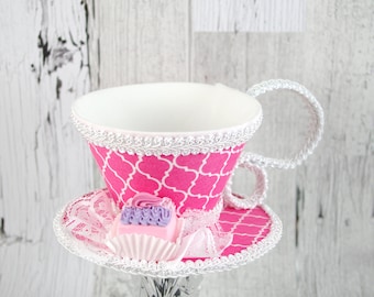 Pink and White Quatrefoil with Pink and Purple Petit Four Tea Cup Fascinator Hat, Alice in Wonderland Mad Hatter Tea Party, Derby Hat