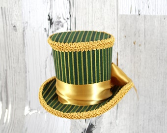 Green and Gold Striped with Bow Minimalist Medium Mini Top Hat Fascinator, Alice in Wonderland, Mad Hatter Tea Party, Derby Hat