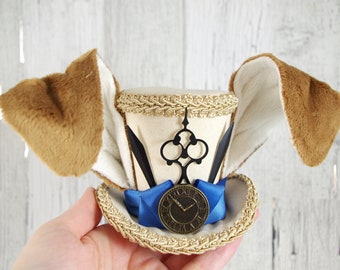 March Hare - Beige and Blue Rabbit Eared Small Mini Top Hat Fascinator, Alice in Wonderland, Mad Hatter Tea Party, Derby Hat