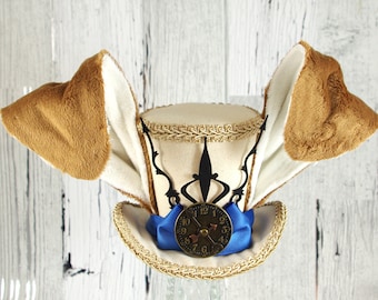 March Hare - Rabbit Eared Beige and Teal Steampunk Medium Mini Top Hat Fascinator, Alice in Wonderland Mad Hatter Tea Party, Derby Hat