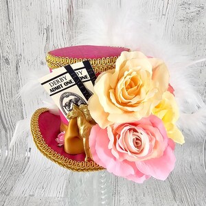 Pink, Yellow, and Gold Kentucky Derby Horse, Ticket and Roses Medium Mini Top Hat Fascinator, Alice in Wonderland, Derby Hat