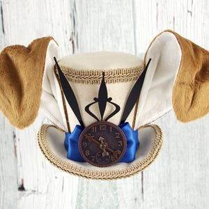 March Hare - Rabbit Eared Beige and Blue Steampunk Medium Mini Top Hat Fascinator, Alice in Wonderland Mad Hatter Tea Party, Derby Hat
