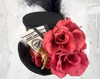 Black, White and Red Kentucky Derby Horse, Tickets, and Roses Medium Mini Top Hat Fascinator, Derby Hat, Alice in Wonderland, Tea Party Hat