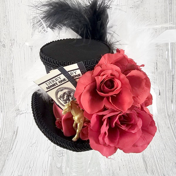 Black, White and Red Kentucky Derby Horse, Tickets, and Roses Medium Mini Top Hat Fascinator, Derby Hat, Alice in Wonderland, Tea Party Hat