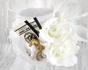 White on White Kentucky Derby Horse, Tickets, and Roses Medium Mini Top Hat Fascinator, Alice in Wonderland, Mad Hatter Tea Party, Derby Hat