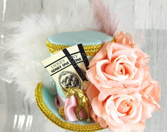 Light Blue Green and Blush Kentucky Derby Horse, Tickets, and Roses Medium Mini Top Hat Fascinator, Alice in Wonderland, Tea Party Derby Hat