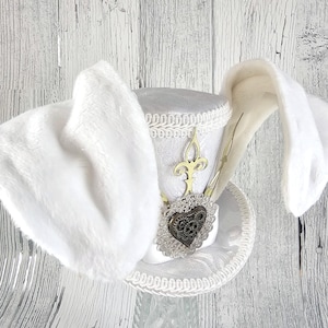 White Rabbit - White Brocade Steampunk Medium Mini Top Hat Fascinator, Alice in Wonderland, Mad Hatter Tea Party, Derby Hat