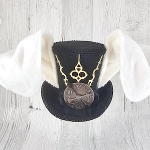 The White Rabbit - Rabbit Eared Black Steampunk Medium Mini Top Hat Fascinator, Alice in Wonderland, Mad Hatter Tea Party, Derby Hat