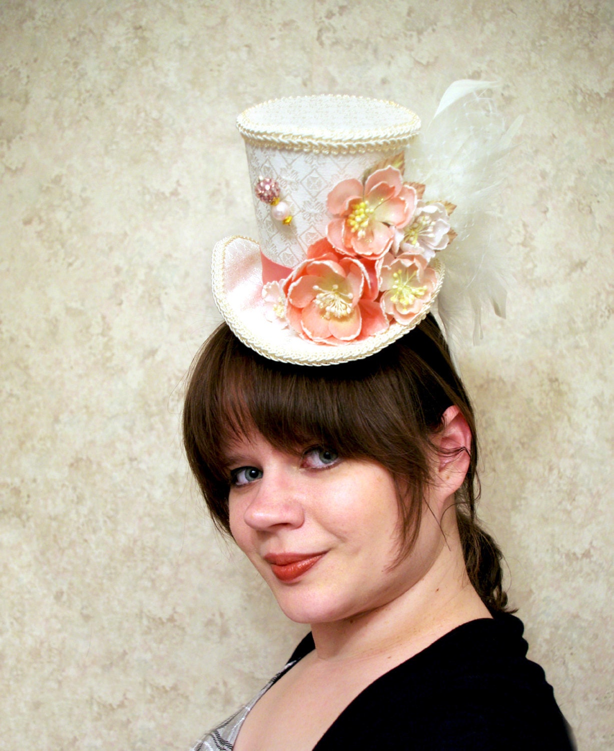 Beige and White Polka Dot Rose Garden Large Mini Top Hat Fascinator ...