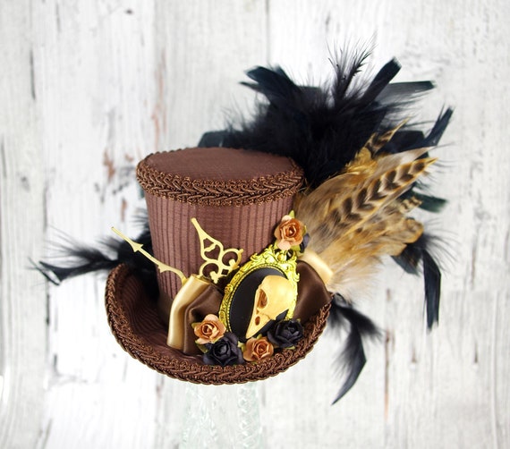 Brown Bird Skull Cameo Medium Mini Top Hat Fascinator, Alice  display picture 2