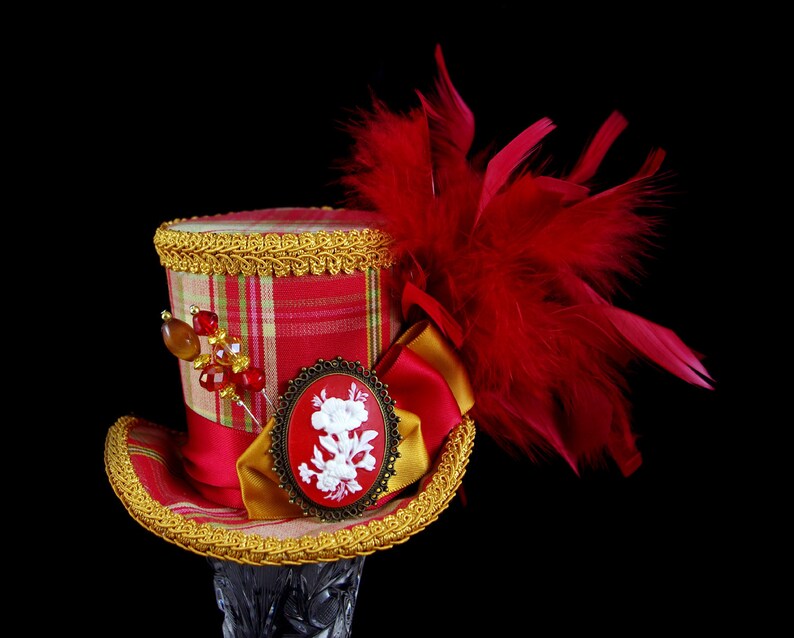 Red and Gold Plaid Flower Cameo Medium Mini Top Hat Fascinator, Alice in Wonderland, Mad Hatter Tea Party, Derby Hat image 2
