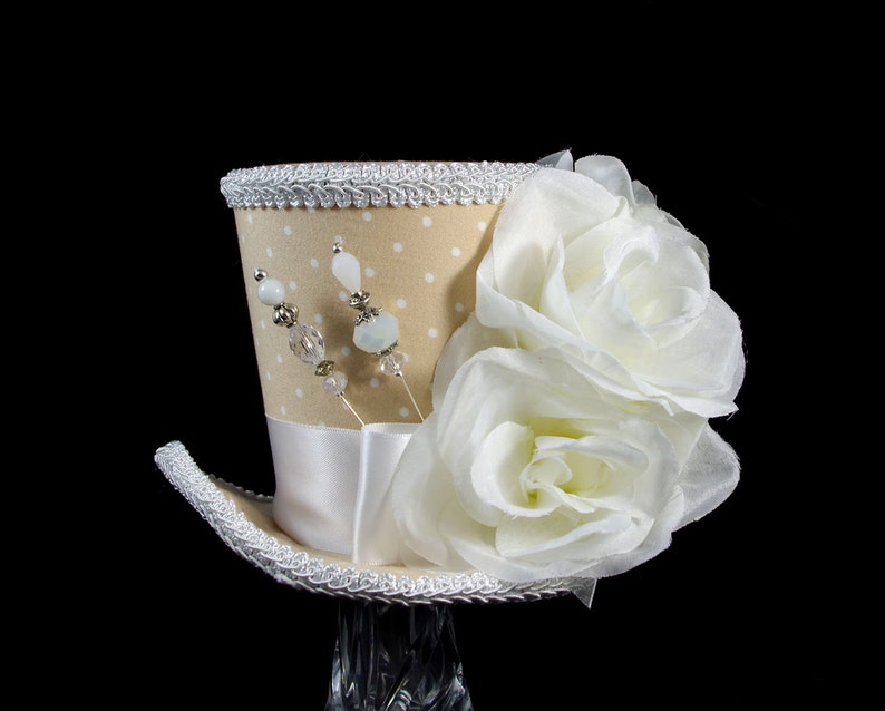 Beige and White Polka Dot Rose Garden Large Mini Top Hat Fascinator ...