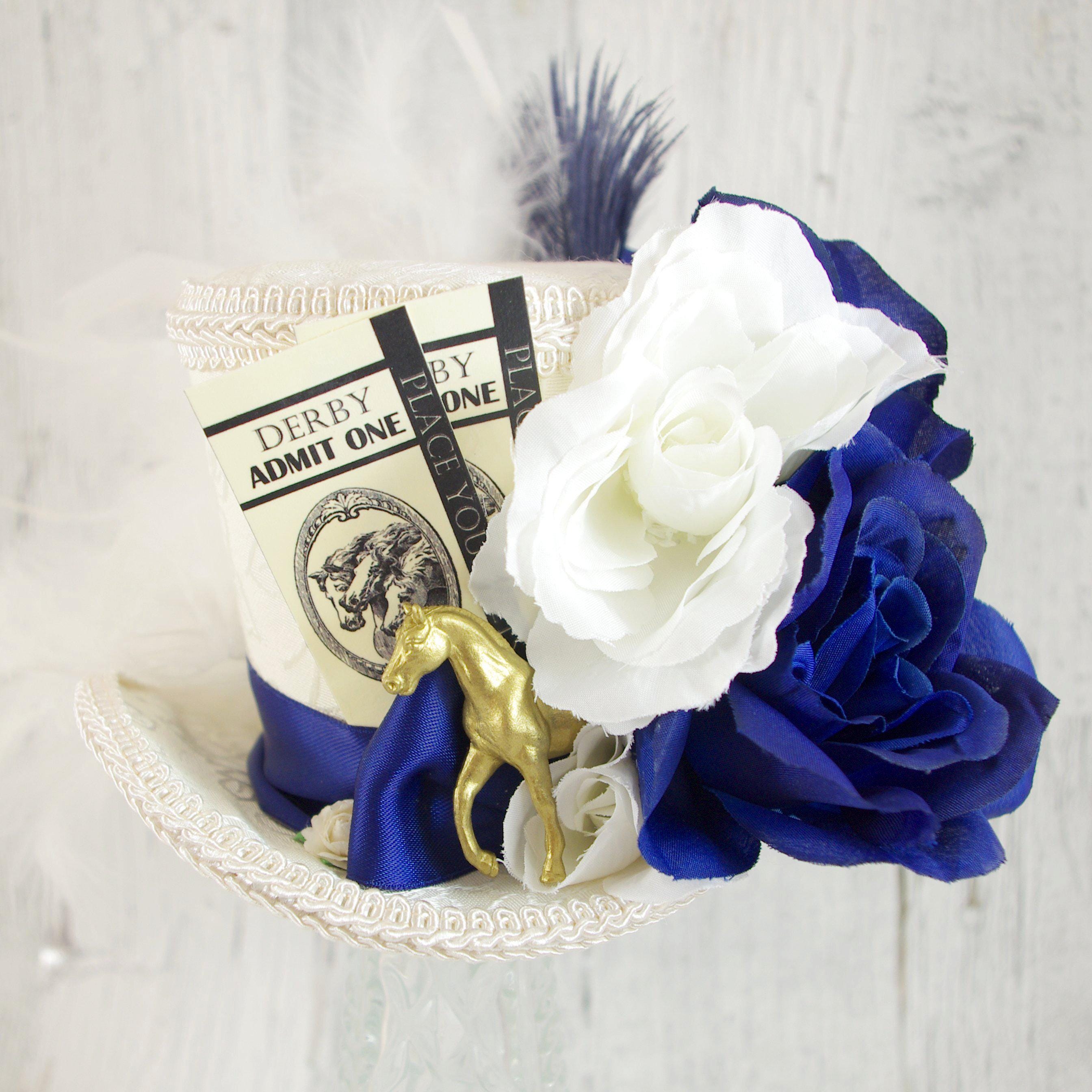 NWOT Navy Flower Derby Hat Beige and Dark Blue Derby Fascinator, Kentucky Derby Hat  main image 3