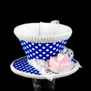 Blue and White Polka Dot with Pink Petit Four Tea Cup Fascinator Hat, Alice in Wonderland Mad Hatter Tea Party, Derby Hat image 3