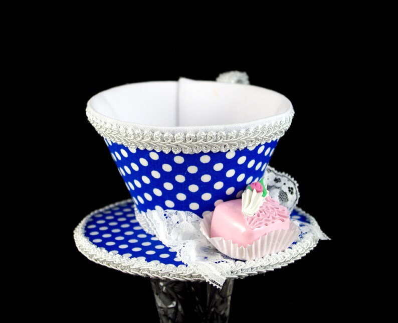 Blue and White Polka Dot with Pink Petit Four Tea Cup Fascinator Hat, Alice in Wonderland Mad Hatter Tea Party, Derby Hat image 3