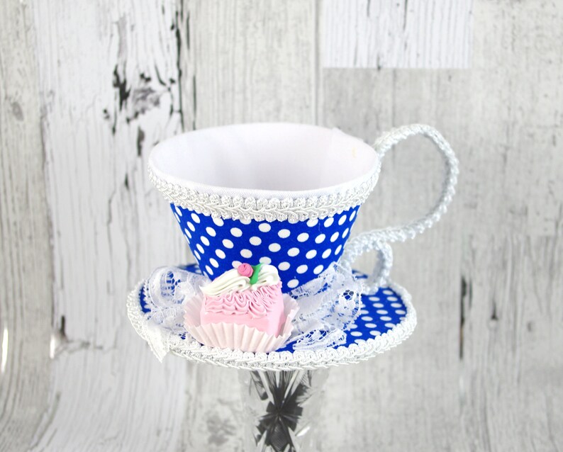 Blue and White Polka Dot with Pink Petit Four Tea Cup Fascinator Hat, Alice in Wonderland Mad Hatter Tea Party, Derby Hat image 1