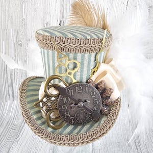 Blue Green Striped Clock and Filigree Steampunk Medium Mini Top Hat Fascinator, Alice in Wonderland, Mad Hatter Tea Party, Derby Hat