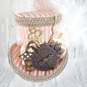 Pink Striped Clock and Filigree Steampunk Medium Mini Top Hat Fascinator, Alice in Wonderland, Mad Hatter Tea Party, Derby Hat