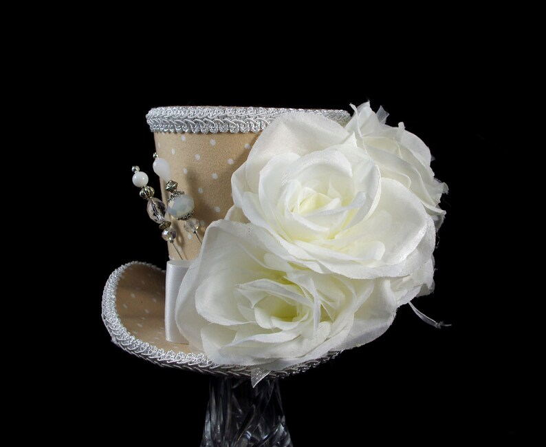 Beige and White Polka Dot Rose Garden Large Mini Top Hat Fascinator ...