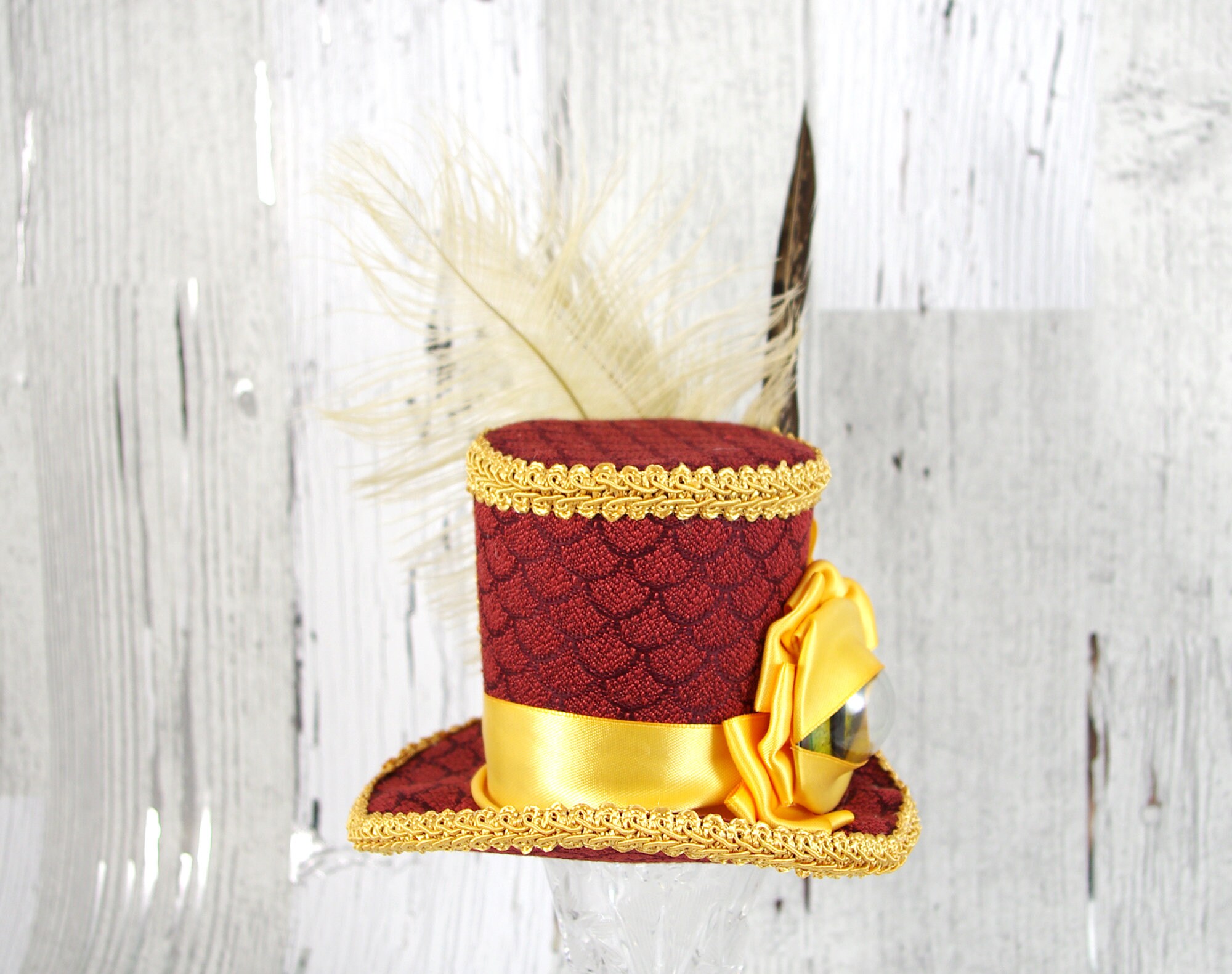 Dragon Eye Rust Red and Gold Medium Mini Top Hat Fascinator 