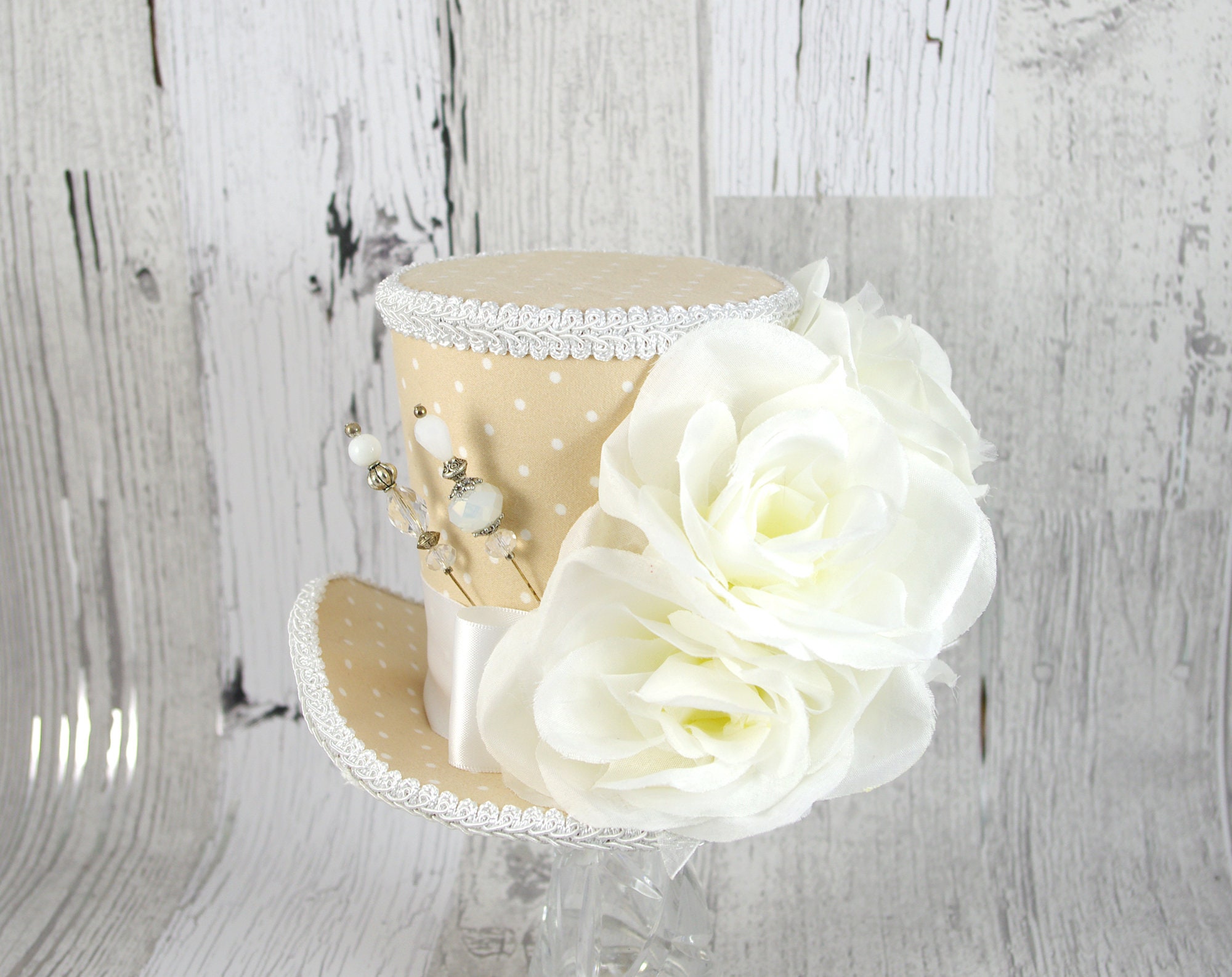 Beige and White Polka Dot Rose Garden Large Mini Top Hat Fascinator ...