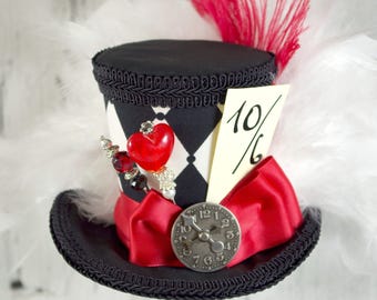 Queen of Hearts - Black, White, and Red Harlequin Medium Mini Top Hat Fascinator, Alice in Wonderland, Mad Hatter Tea Party, Derby Hat
