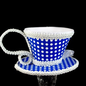 Blue and White Polka Dot with Pink Petit Four Tea Cup Fascinator Hat, Alice in Wonderland Mad Hatter Tea Party, Derby Hat image 5