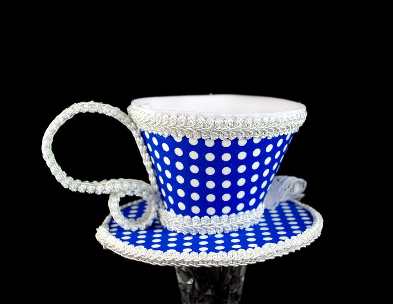 Blue and White Polka Dot with Pink Petit Four Tea Cup Fascinator Hat, Alice in Wonderland Mad Hatter Tea Party, Derby Hat image 5