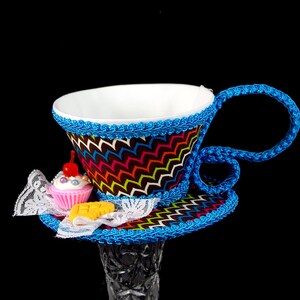 Rainbow, Aqua, and Brown with Cupcake and Cookie Tea Cup Fascinator Hat, Alice in Wonderland Mad Hatter Tea Party, Derby Hat image 3