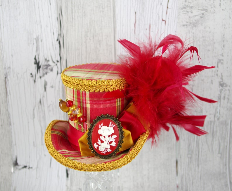 Red and Gold Plaid Flower Cameo Medium Mini Top Hat Fascinator, Alice in Wonderland, Mad Hatter Tea Party, Derby Hat image 1