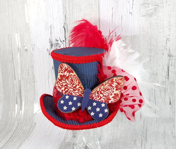 Red, White, and Blue Wood Butterfly Large Mini Top Hat  display picture 1