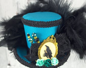 Teal and Black Raven Cameo Medium Mini Top Hat Fascinator, Alice in Wonderland, Mad Hatter Tea Party, Derby Hat