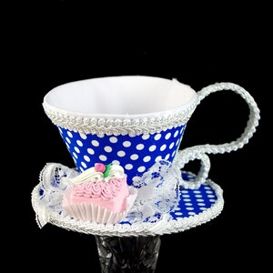 Blue and White Polka Dot with Pink Petit Four Tea Cup Fascinator Hat, Alice in Wonderland Mad Hatter Tea Party, Derby Hat image 2