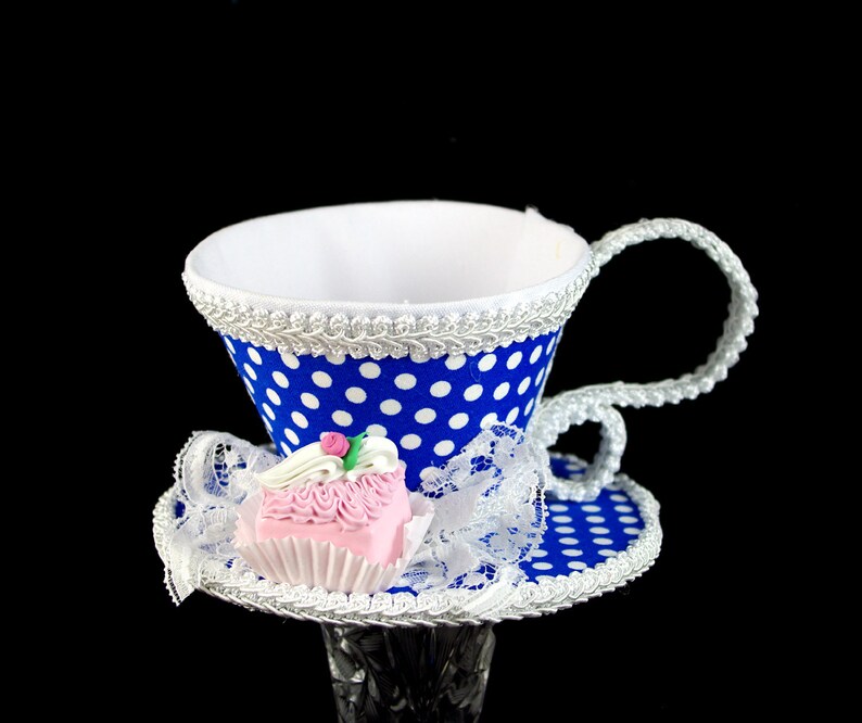 Blue and White Polka Dot with Pink Petit Four Tea Cup Fascinator Hat, Alice in Wonderland Mad Hatter Tea Party, Derby Hat image 2