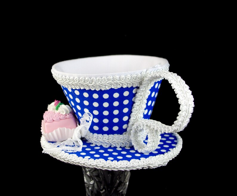 Blue and White Polka Dot with Pink Petit Four Tea Cup Fascinator Hat, Alice in Wonderland Mad Hatter Tea Party, Derby Hat image 4