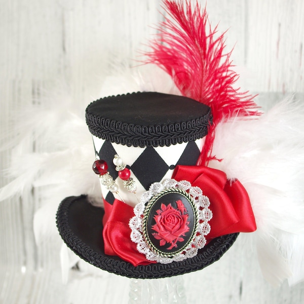 Black and White Harlequin with Rose Cameo Medium Mini Top Hat Fascinator, Alice in Wonderland, Mad Hatter Tea Party, Derby