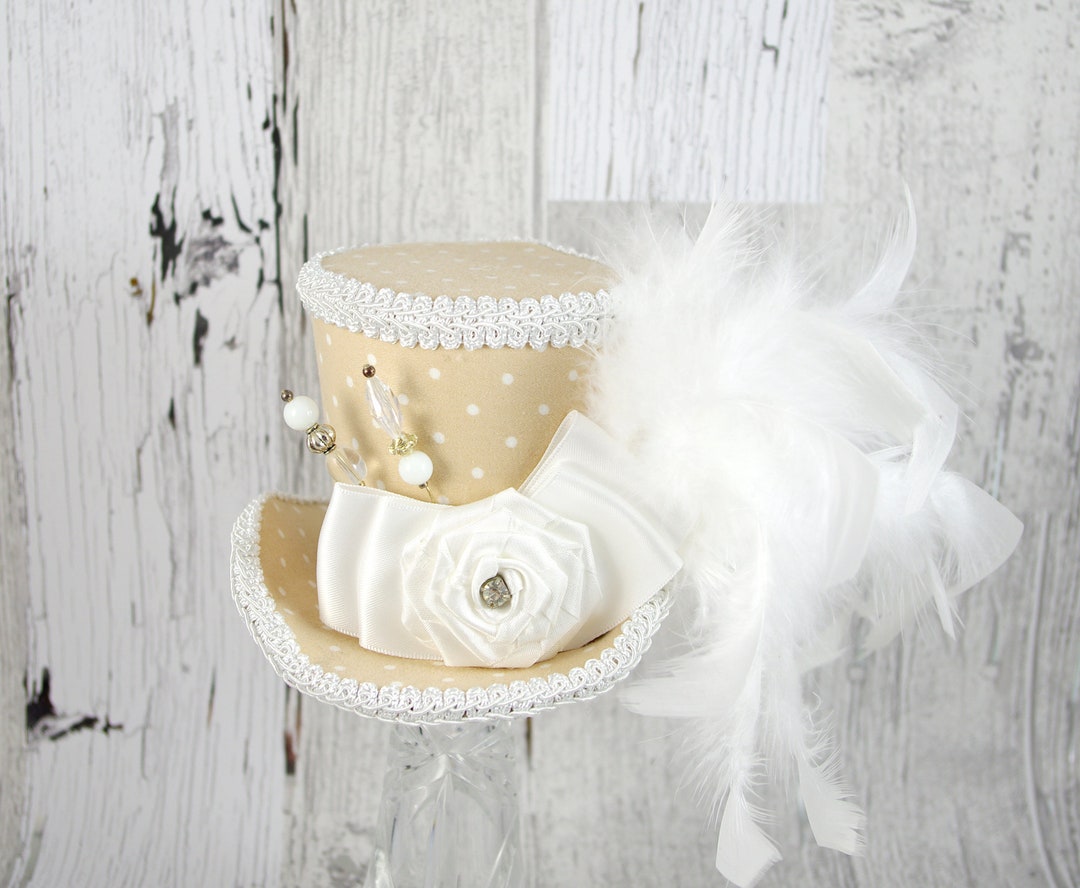 Beige and White Polka Dot Rosette Medium Mini Top Hat Fascinator, Alice ...