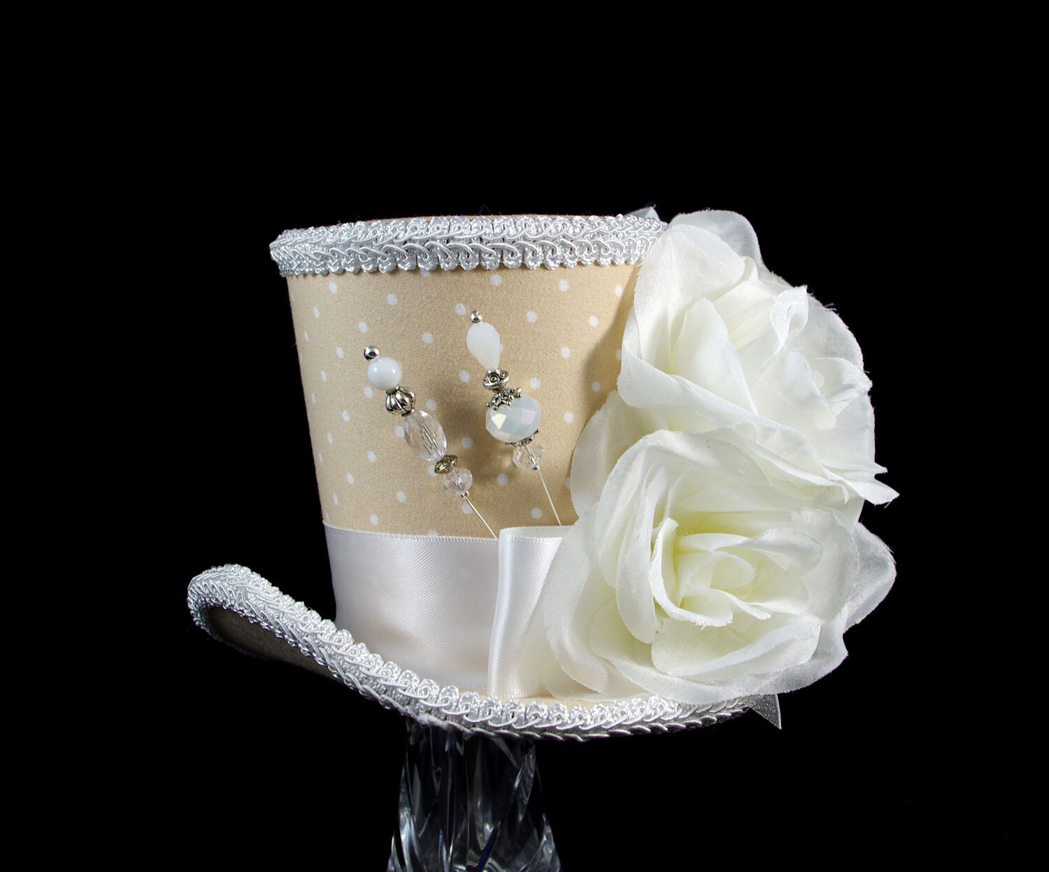 Beige and White Polka Dot Rose Garden Large Mini Top Hat Fascinator ...